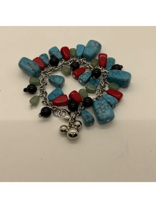 Disney Mickey Mouse Sterling Silver Tone Turquoise Coral & Black Stones Charm Br - Picture 5 of 10